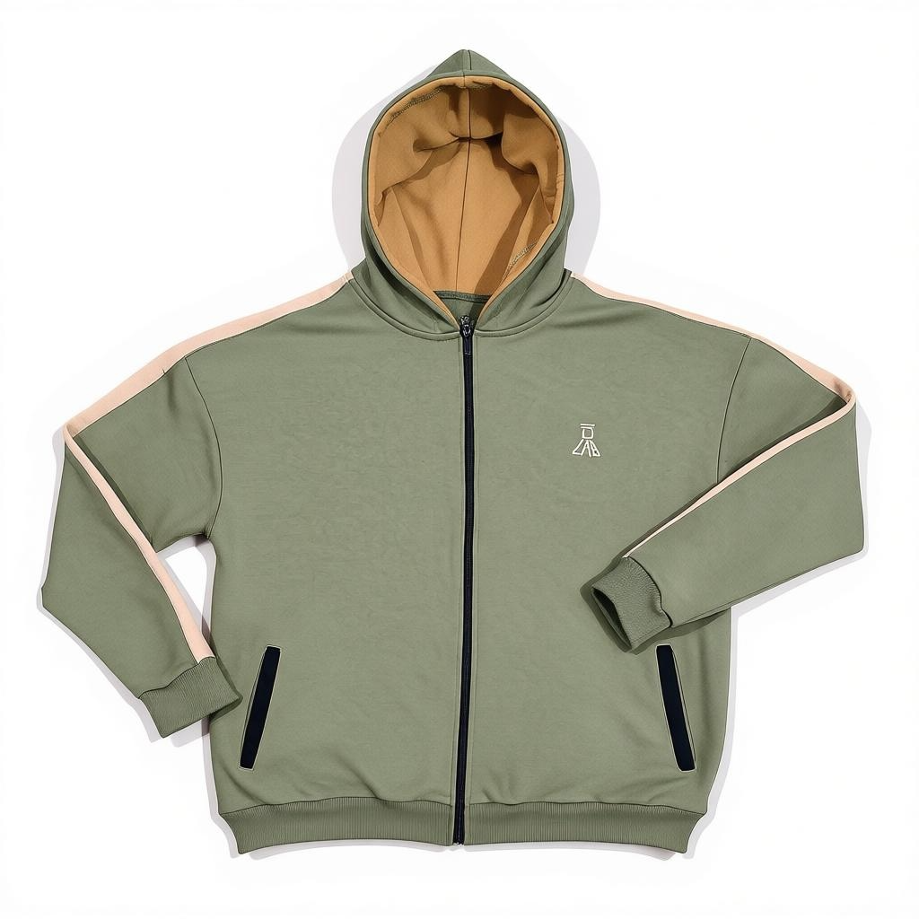 French Terry Zip Hoodie – Sage Colorblock (Loose Fit)