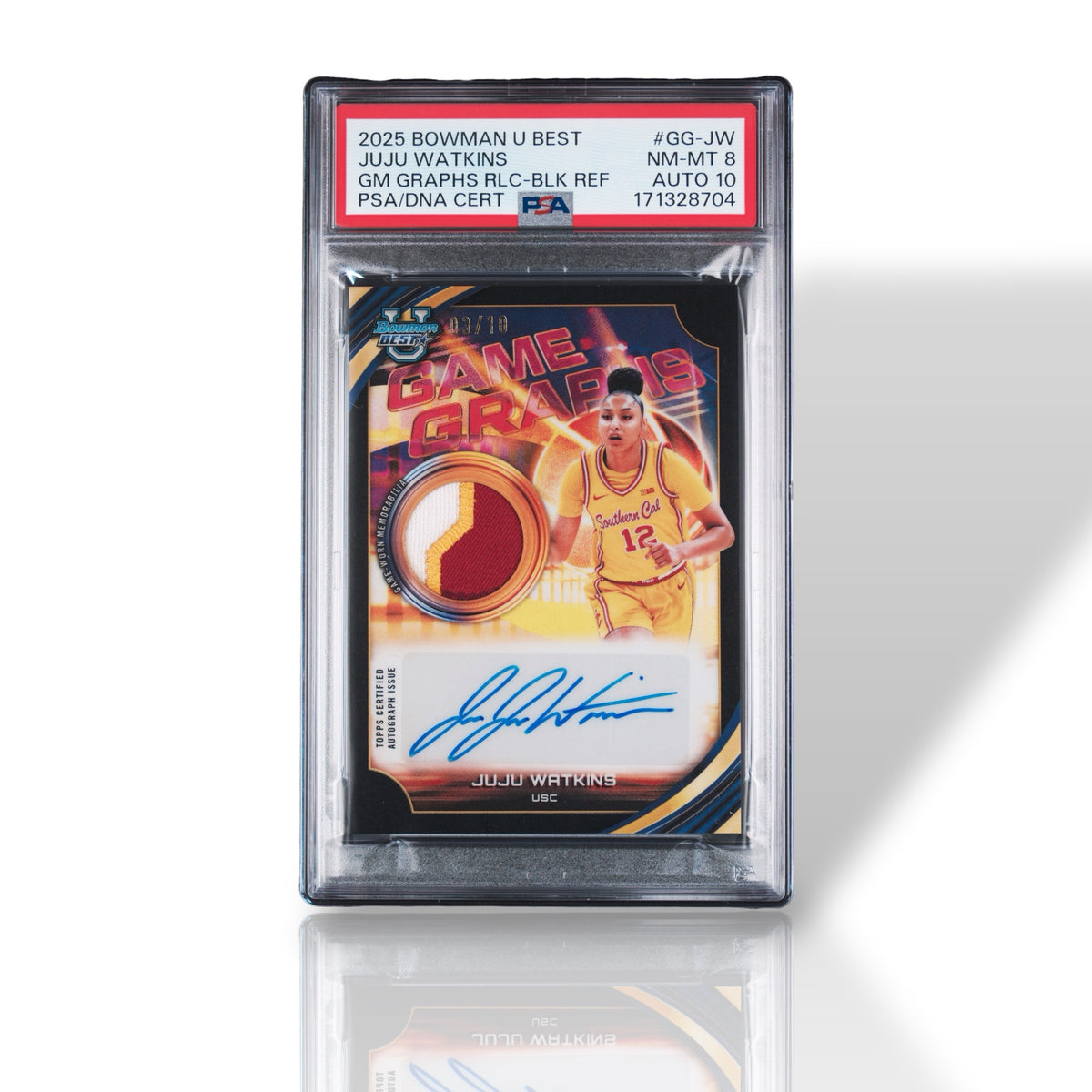 2025 BOWMAN UNIVERSITY BEST GAME GRAPHS RELICS #GG-JW JUJU WATKINS BLACK REFRACTOR /10 PSA8 AUTO10